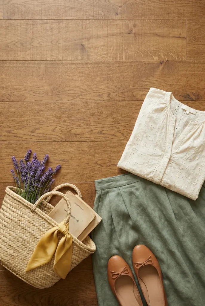 Flat-lay of eyelet blouse, linen skirt, basket bag, ballet flats for cottagecore outfit