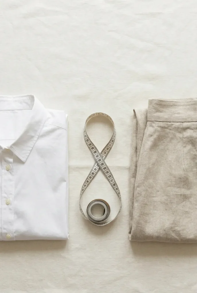 Flat lay of measuring tape, white button-down, and midi skirt showing clothes for hourglass body shape