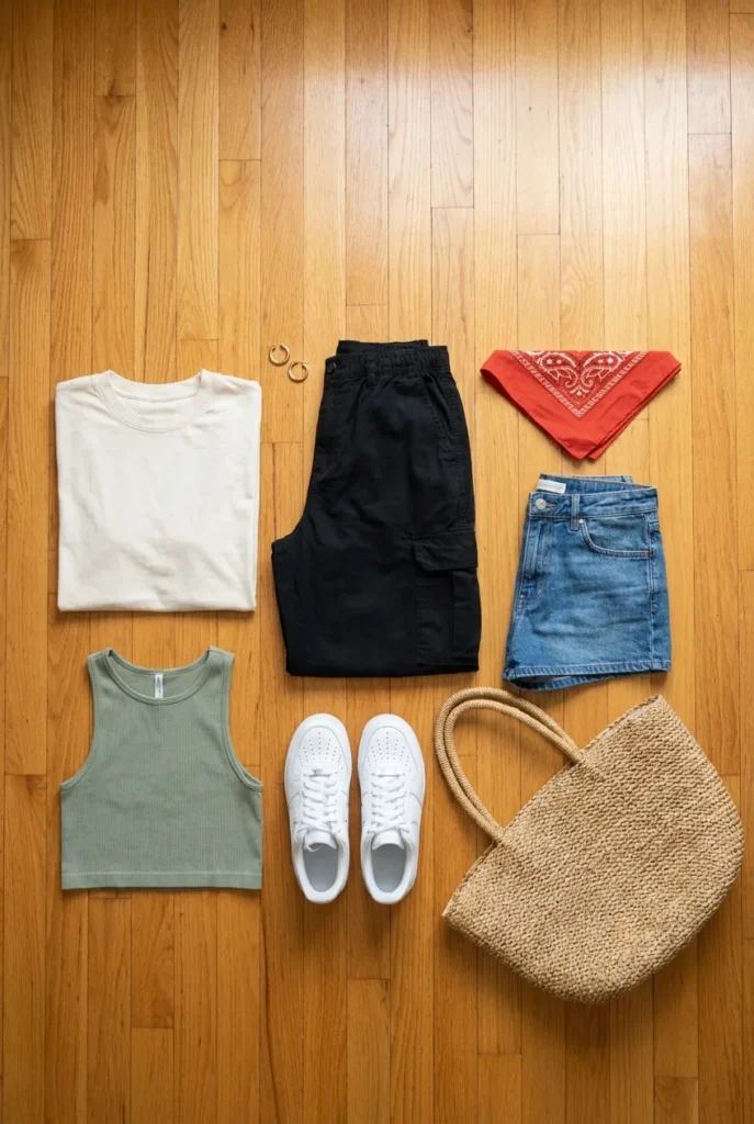Flat lay of summer streetwear capsule wardrobe pieces in neutral tones