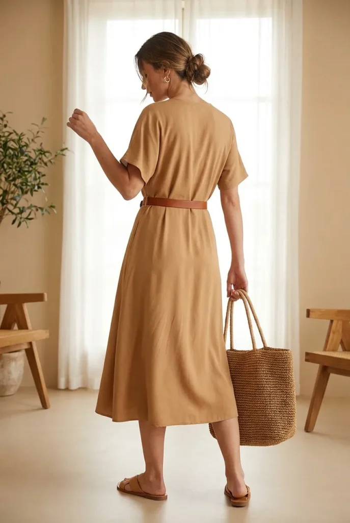 Flattering summer date night outfit for curvy and midsize, camel wrap dress with belt