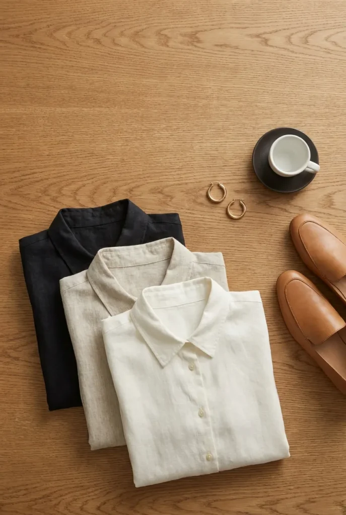 Folded ivory, oat, and black linen shirts on oak with loafers and gold hoops.