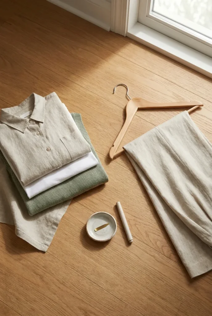 Folded mom capsule knits, wooden hanger, and stain pen flat lay for summer care