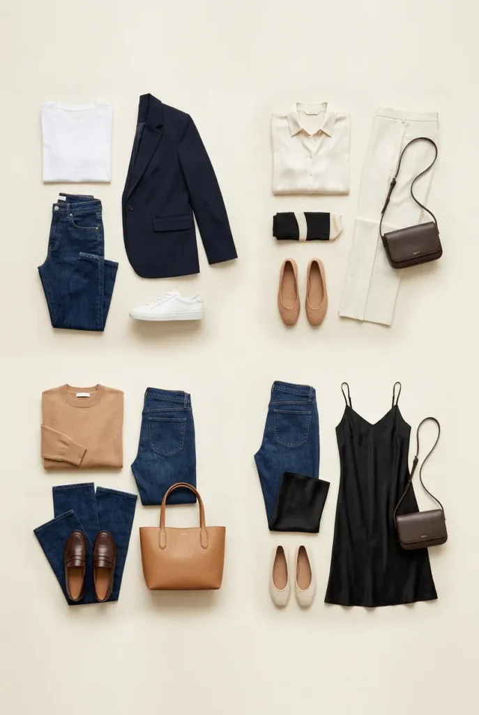 Four capsule wardrobe outfit formulas for women over 40 with neutral pieces