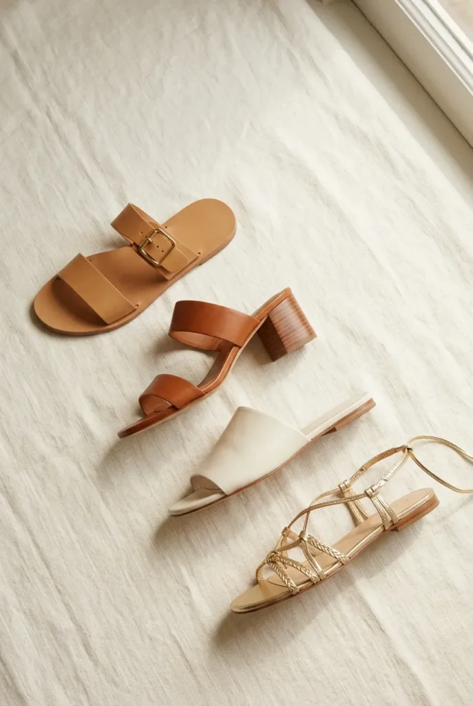 Four capsule wardrobe sandal neutrals flat lay tan, cognac, off-white, and gold on cream linen