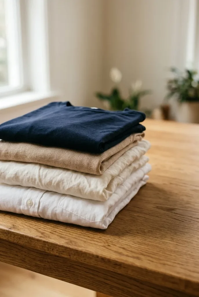 Four folded carry-on capsule wardrobe tops in white, ivory, oat merino, and navy stacked on warm oak surface