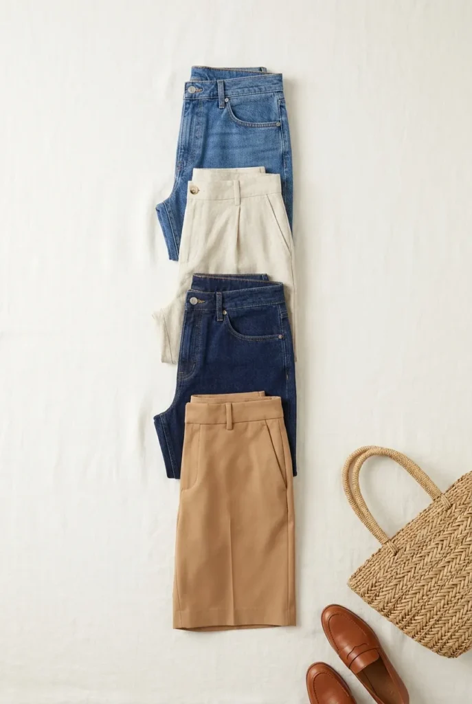 Four folded tall capsule bottoms in denim and neutrals arranged on ivory linen with a woven tote.