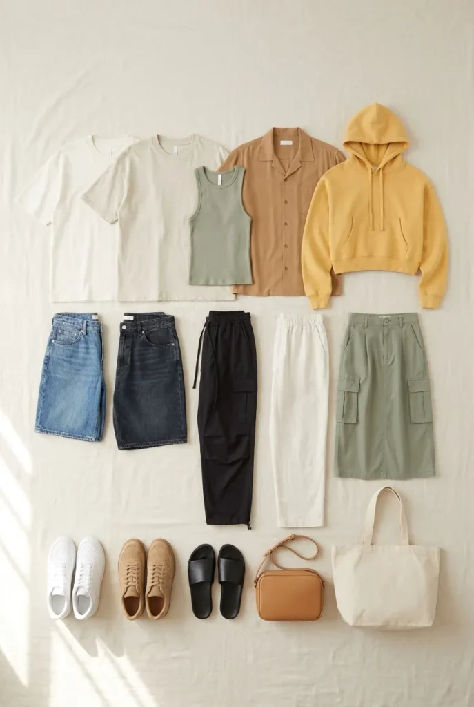 Fourteen-piece summer streetwear capsule wardrobe flat lay for women