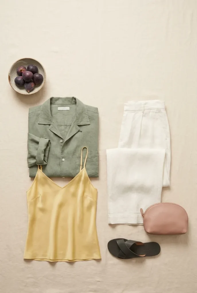 Fresh garden summer capsule color palette flat-lay with sage shirt, butter cami, ivory trousers, and charcoal sandal.