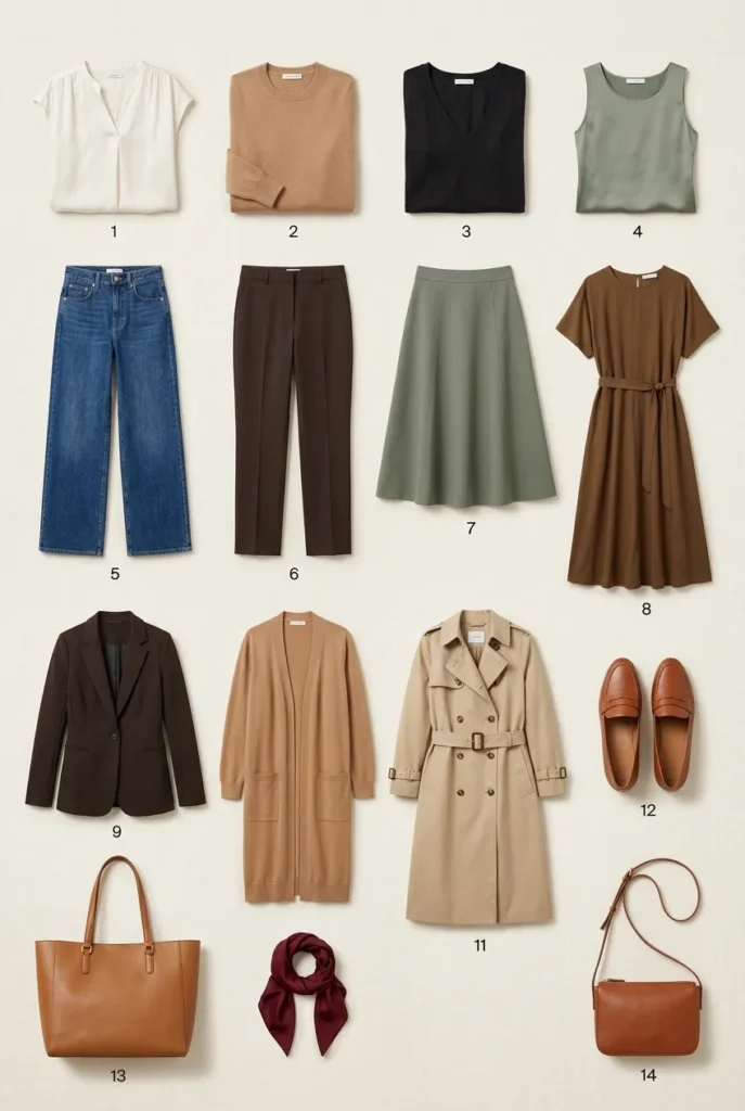 Full 14-piece capsule wardrobe apple body type grid flat lay in ivory, camel, espresso and cognac.