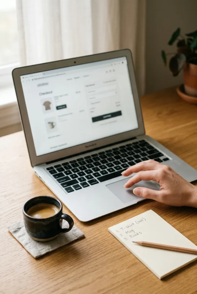 Hand pausing over a laptop checkout, the five-hour five-piece five-wear cart pause before buying clothes