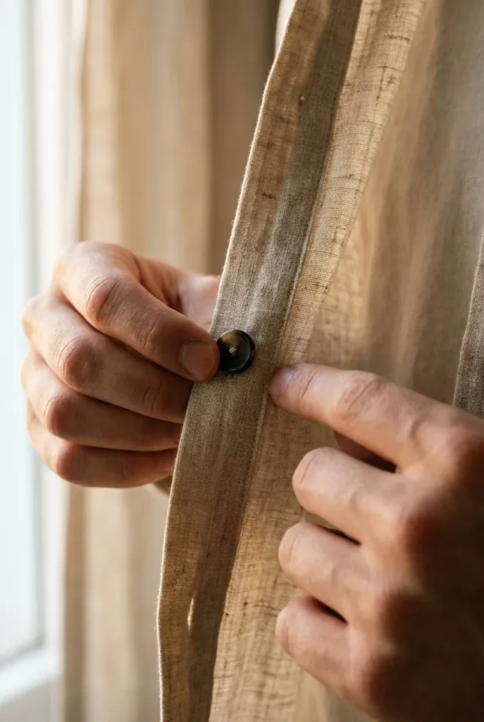 Hands checking the button and seam quality of an oat linen shirt up close.