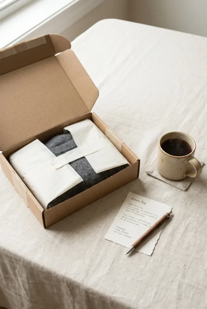 Handwritten capsule wardrobe buy list beside coffee, planning intentional purchases instead of impulse buys