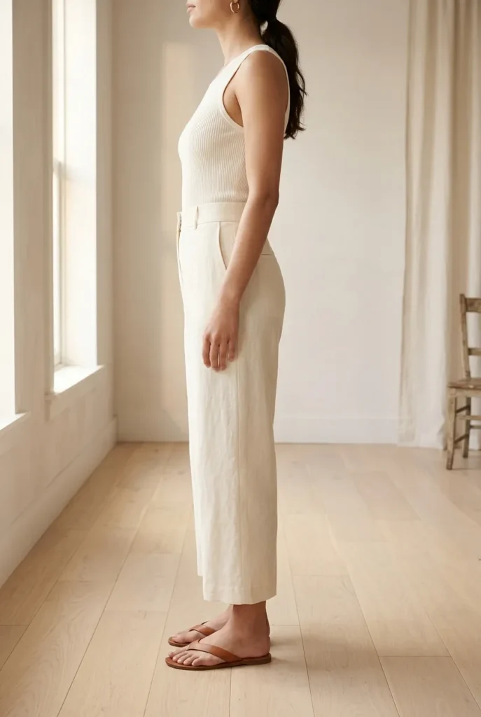 High-rise wide-leg trousers outfit summer, fitted ivory tank tucked into cream linen trousers with defined waist