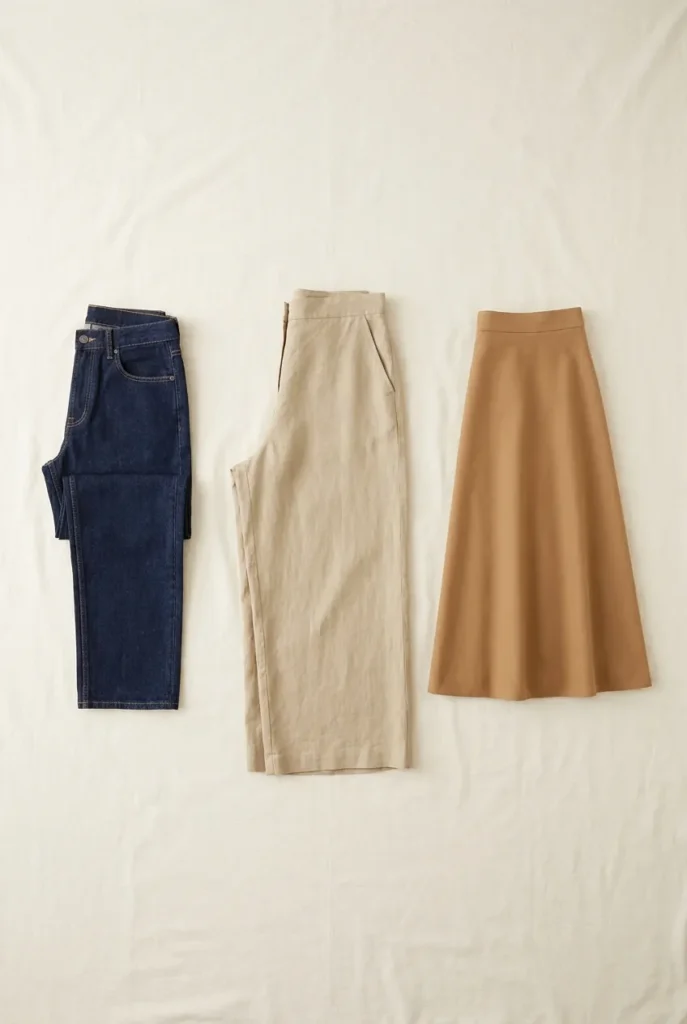 Hourglass body type bottoms — dark jeans, wide-leg trousers, and camel midi skirt capsule wardrobe flat lay