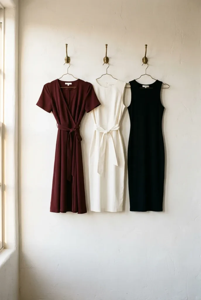 Hourglass body type dresses — burgundy wrap midi, ivory fitted midi, and black bodycon capsule wardrobe