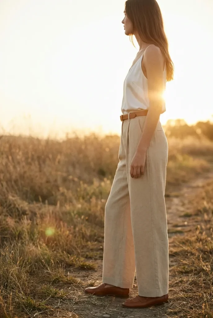 Hourglass body type outfit formula — fitted silk shell tucked into high-rise wide-leg trousers with cognac loafers