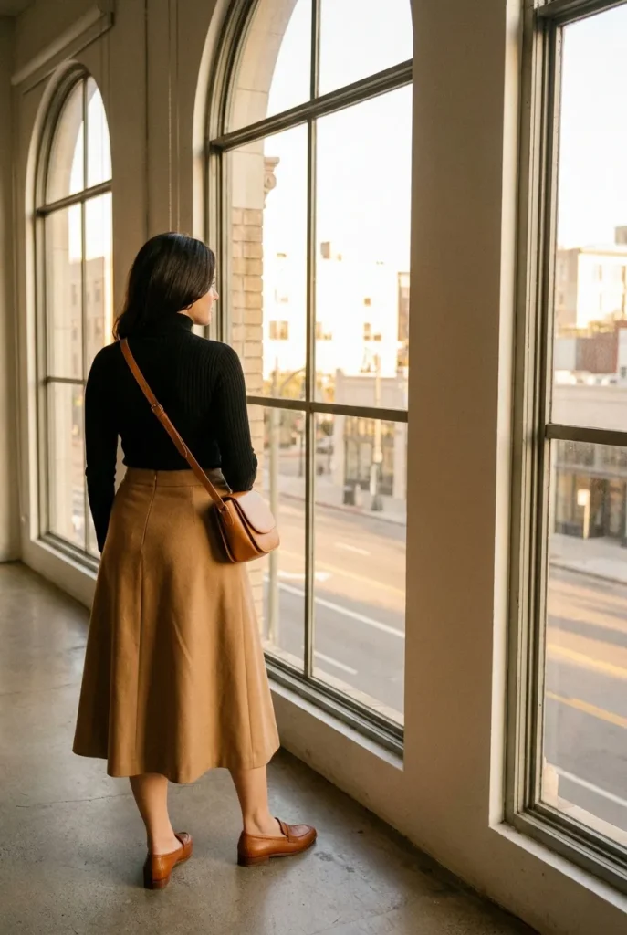 Hourglass body type outfit formula — ribbed knit tucked into camel midi skirt with cognac loafers