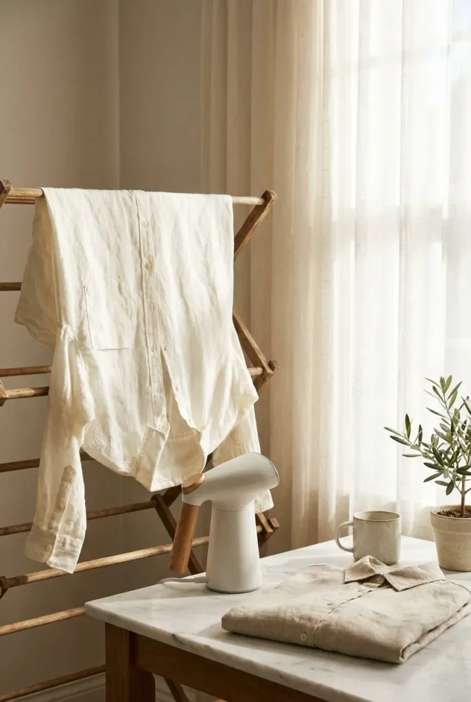 Ivory linen shirt air-drying on a wooden rack beside a steamer and folded shirt.