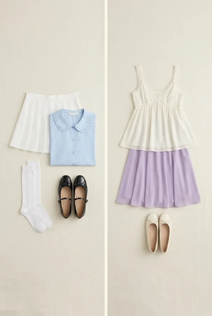 Korean soft girl aesthetic versus western soft girl aesthetic outfit flatlay comparison in baby blue, ivory, and lavender tones