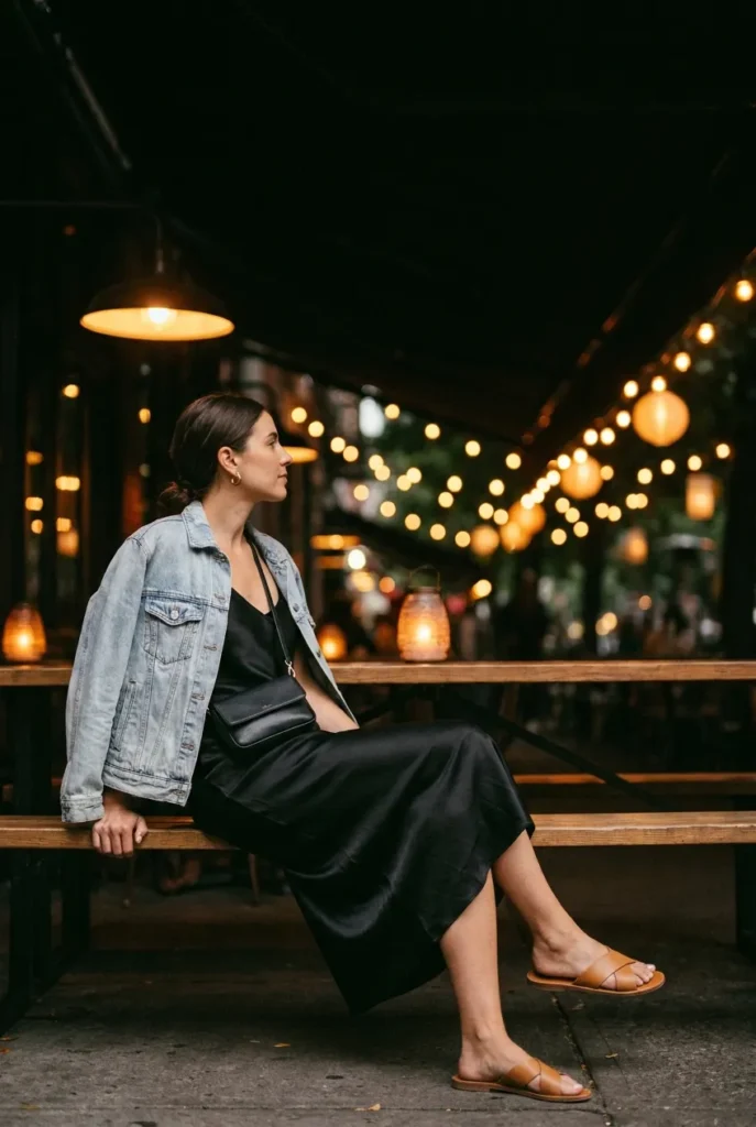 Late-night summer date outfit, black slip dress with denim jacket and crossbody bag