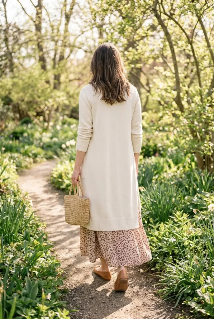 Long cream cardigan and floral maxi skirt outfit with tan ballet flats and raffia bag for spring.