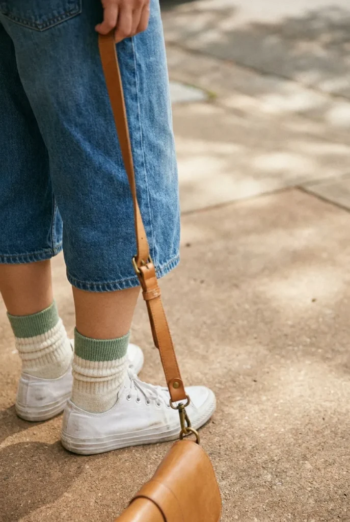 Long denim jorts cuffed with white sneakers, summer streetwear bottoms