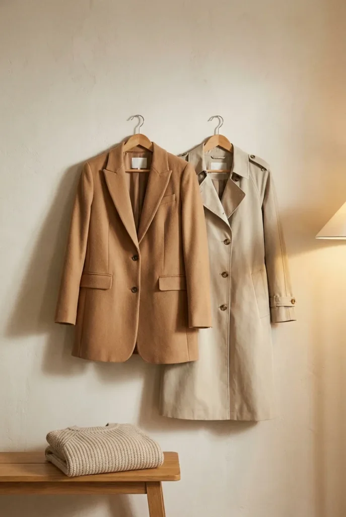 Longline camel blazer and stone trench on wooden hangers with an oat knit sweater on a bench.
