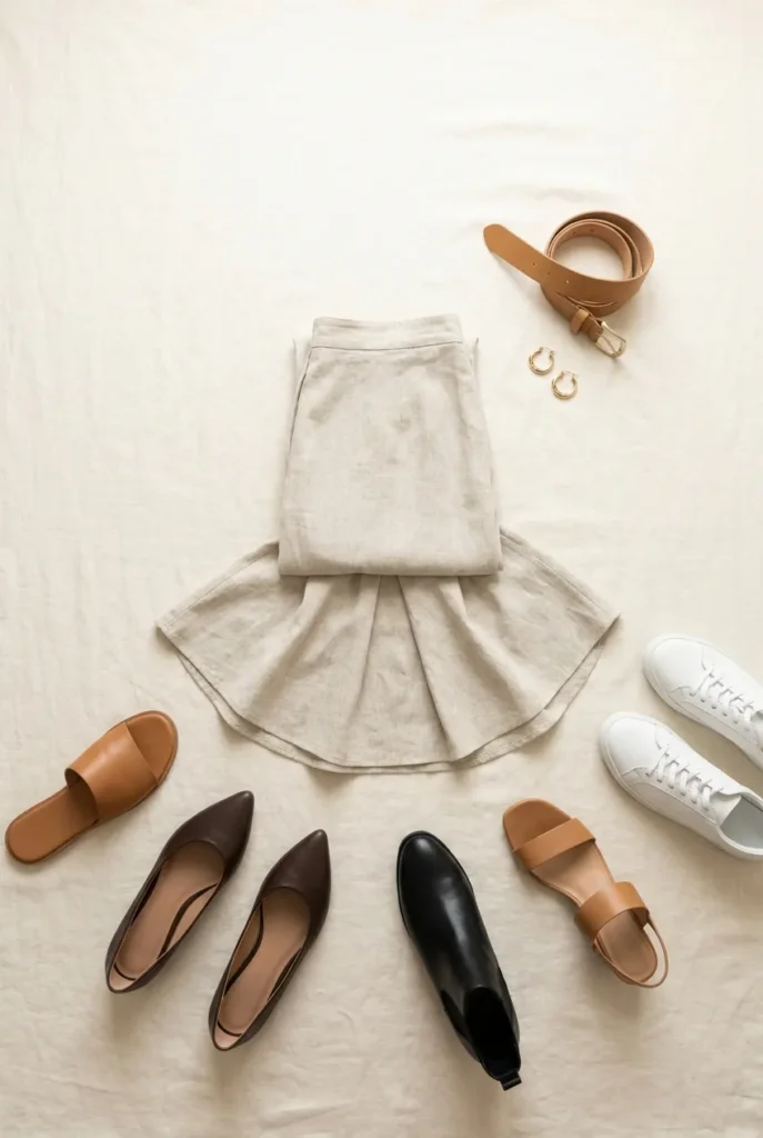 Maxi skirt outfit shoe pairing flat lay with sandals, ballet flats, ankle boots, and sneakers.