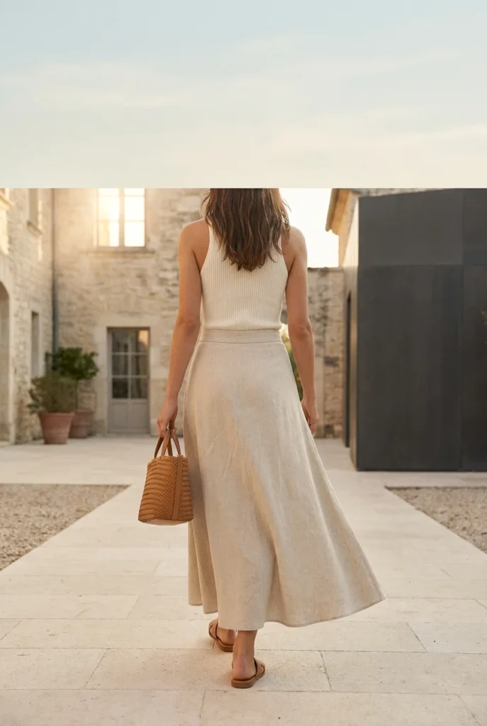 Maxi skirt outfits styled with cream tank, oat linen maxi, and camel sandals for summer.
