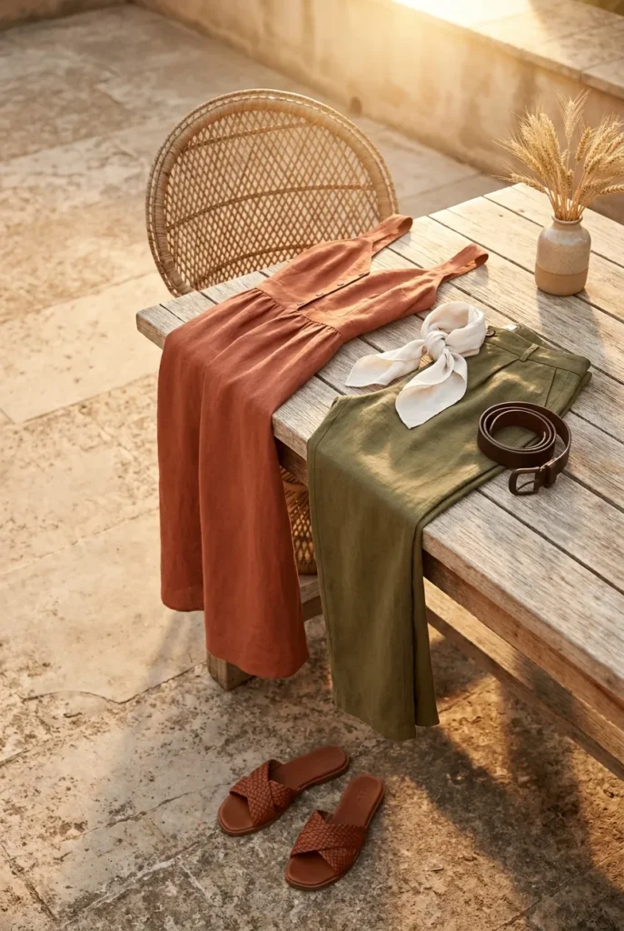 Mediterranean warmth summer color palette flat-lay with terracotta dress, olive pants, ivory, and espresso.