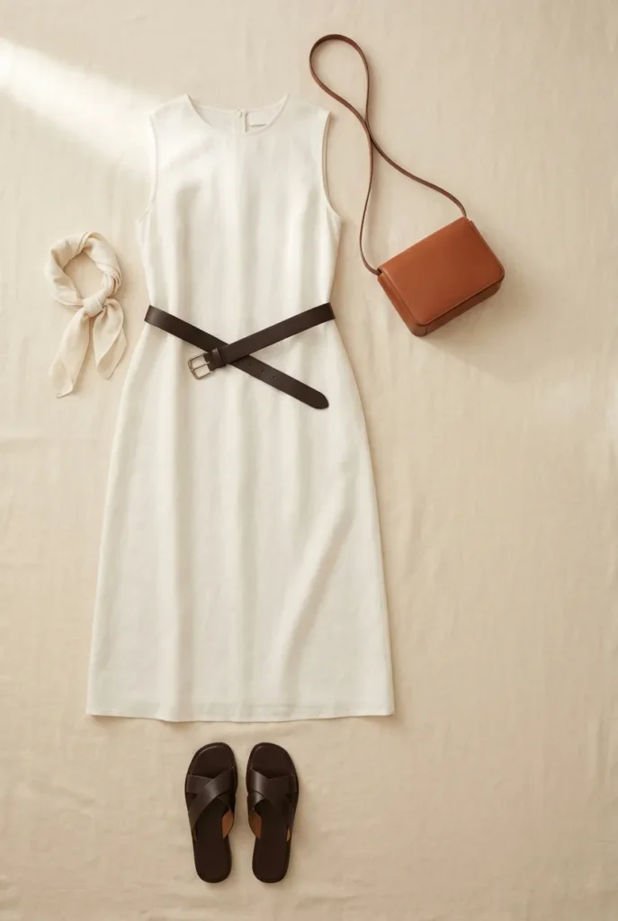 Modern espresso summer capsule color palette with ivory dress, espresso belt, cognac bag, and leather sandals.