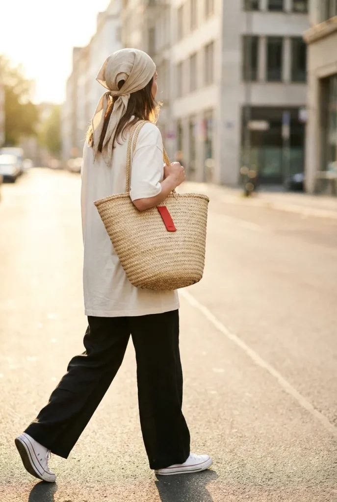 Modest hijabi summer streetwear with longline tee, linen pants, and sneakers