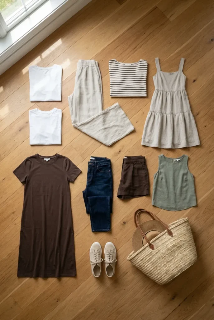 Mom capsule wardrobe summer flat lay with oat trouser, espresso dress, sage shell, sneakers
