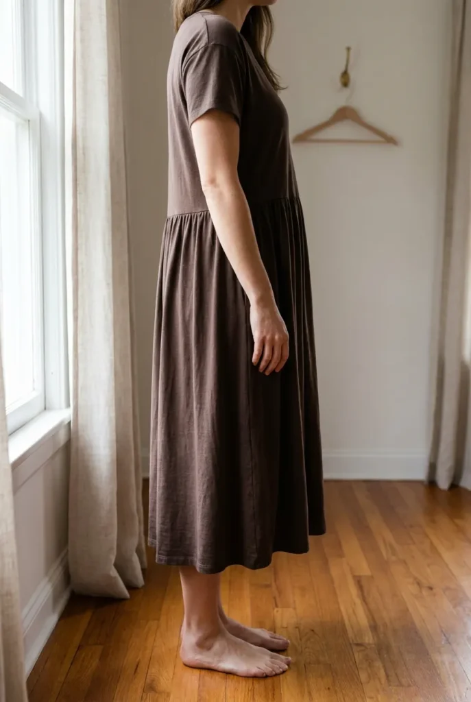 Mom in espresso jersey midi t-shirt dress by window, postpartum capsule summer piece