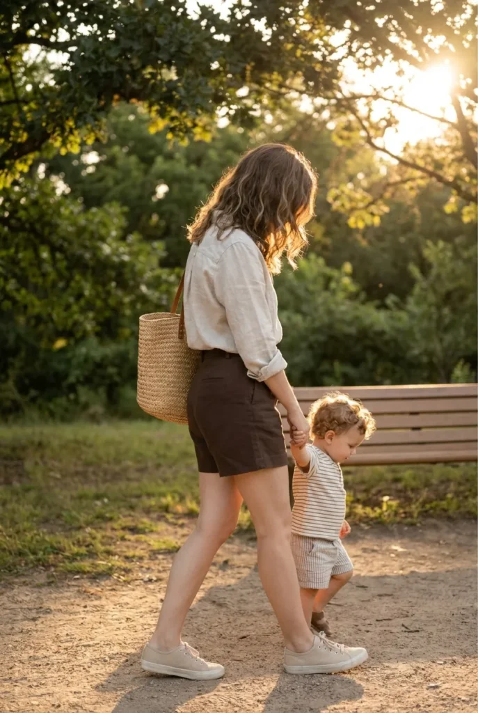 Mom in oat linen and espresso shorts walking with toddler at golden hour in park