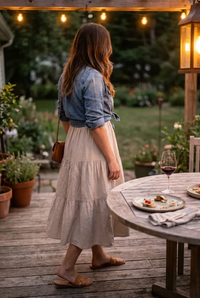 Mom in stone sundress and denim shirt on evening patio, mom date night capsule outfit