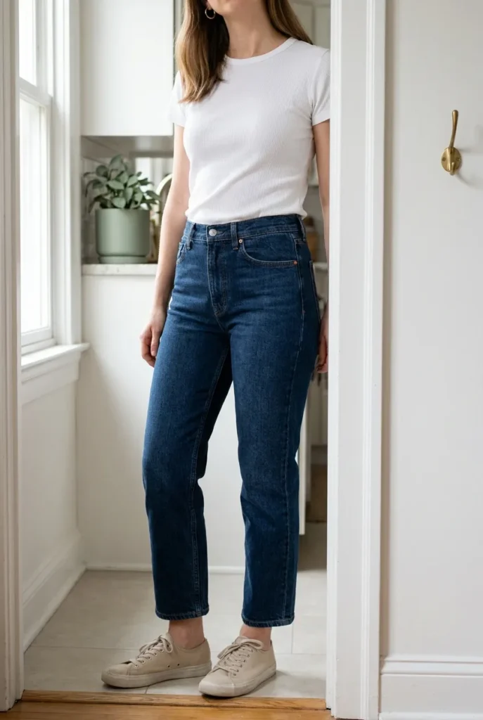 Mom in white tee, dark crop jeans, and oat sneakers in sunny doorway, summer outfit