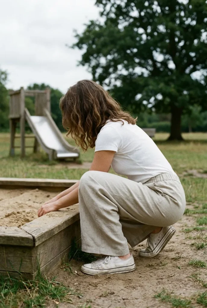 Mom squatting at sandbox in wide-leg stone trousers and white tee, capsule durability