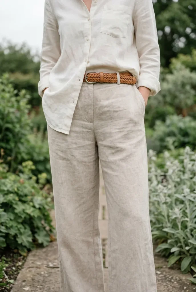 Natural woven braided belt half-tucked with oat linen pants and an ivory linen shirt.