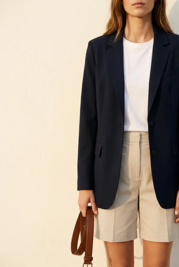 Navy blazer over white tee with tailored shorts, modern preppy outfit for women.