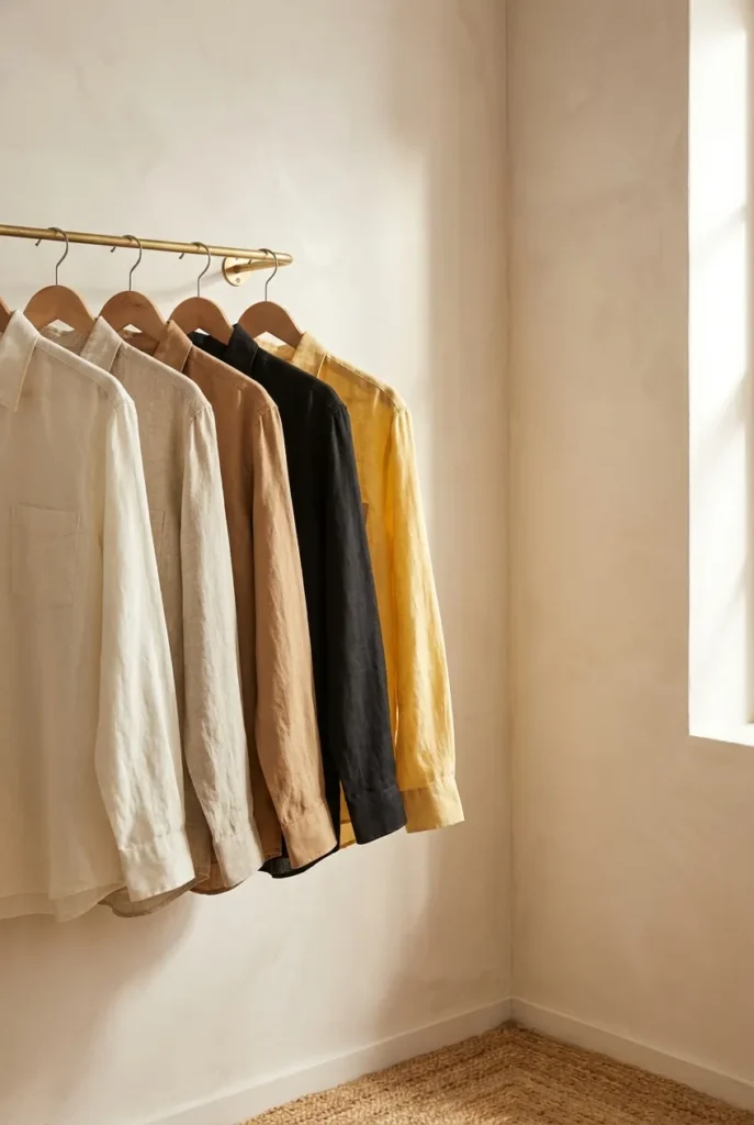 Neutral linen shirts on wooden hangers with one butter-yellow accent in a bright closet.
