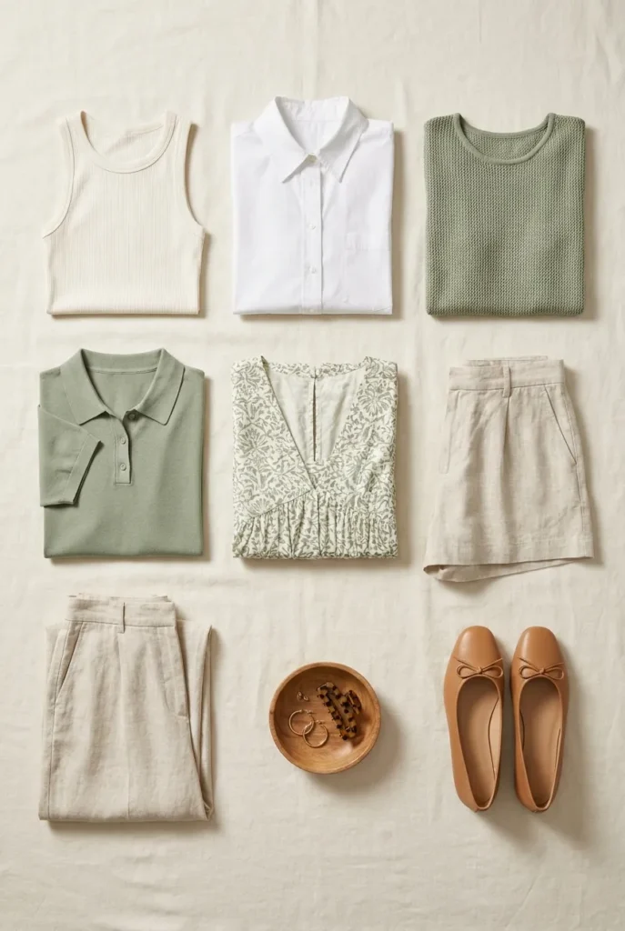 Nine-piece work from home summer capsule wardrobe flat lay in oat, ivory, and sage.