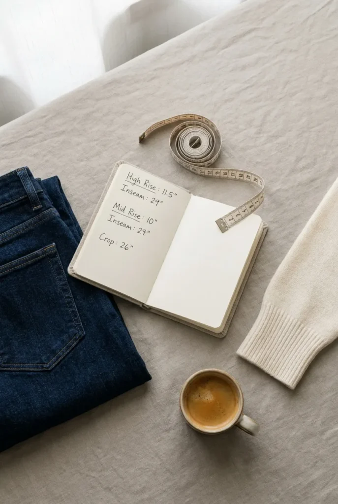 Notebook with tall fit measurements beside dark jeans, cardigan cuff, tape measure, and espresso.