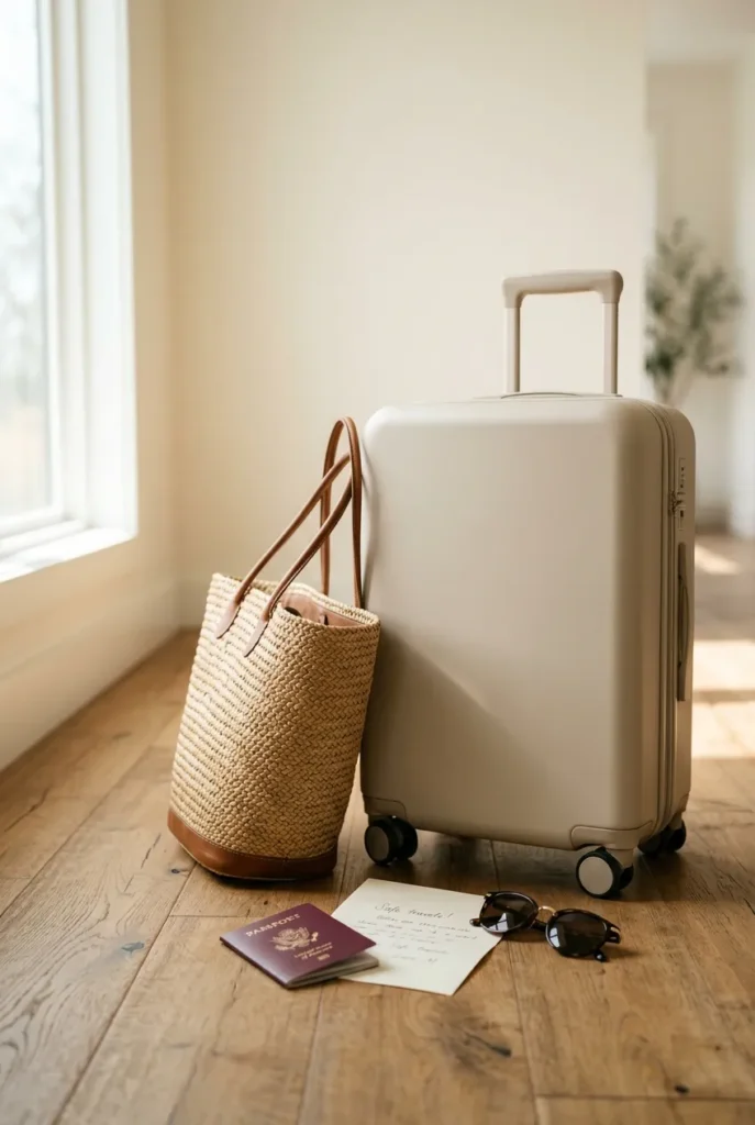 Oat carry-on suitcase standing on wood floor with woven tote, passport, and sunglasses, travel capsule wardrobe ready