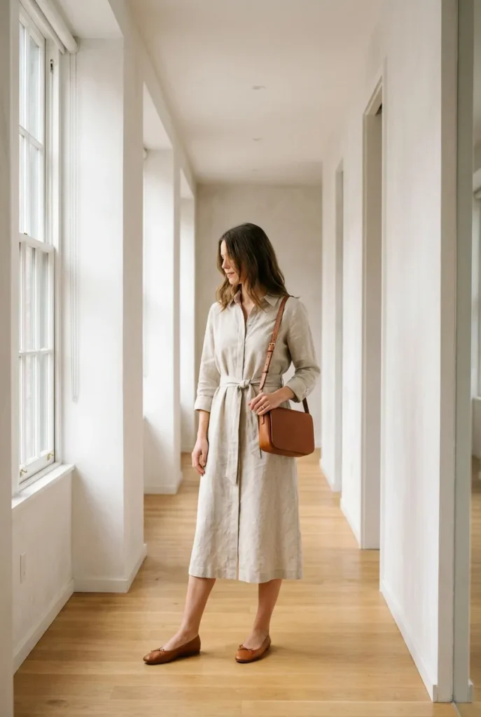 Oat linen shirt dress midi office outfit smart casual summer work women cognac accessories