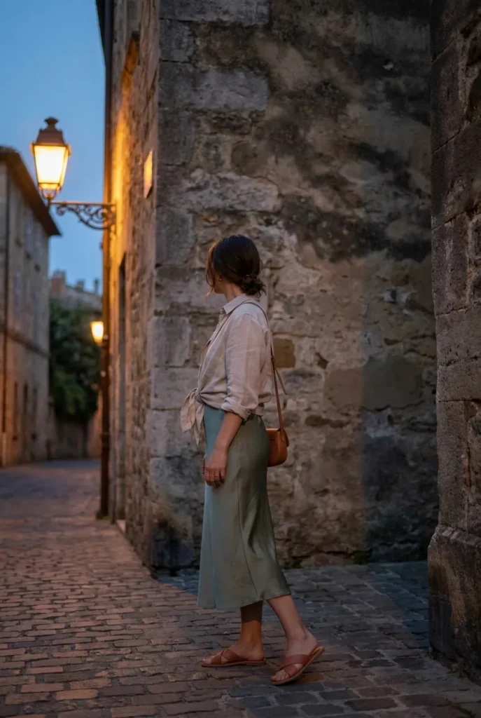 Oat linen shirt knotted over a sage slip dress at dusk near a stone wall.