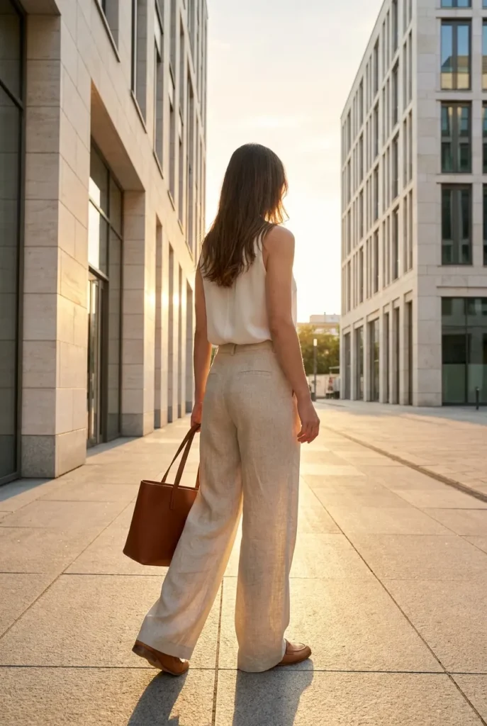 Oat linen wide-leg trousers and ivory silk shell summer work outfit, smart casual women, city street