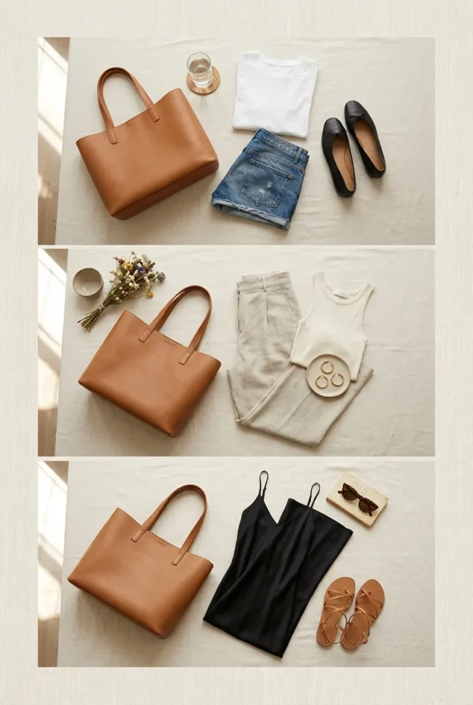 One camel summer tote styled three ways with errands, cafe, and dinner outfits.