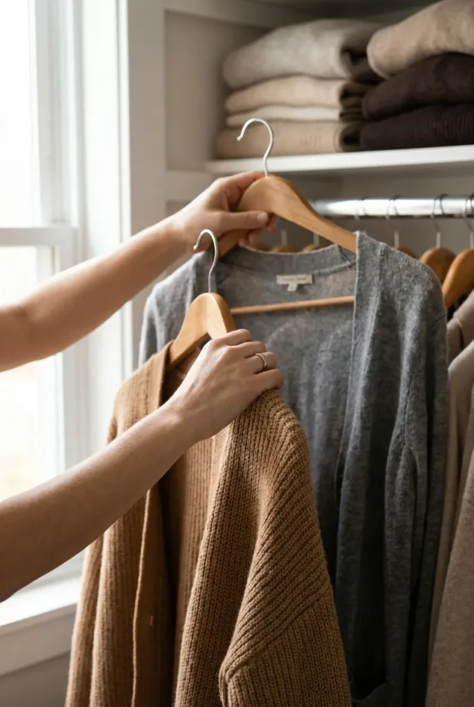 One cardigan going onto the rail as another comes off, showing the one-in-one-out swap.