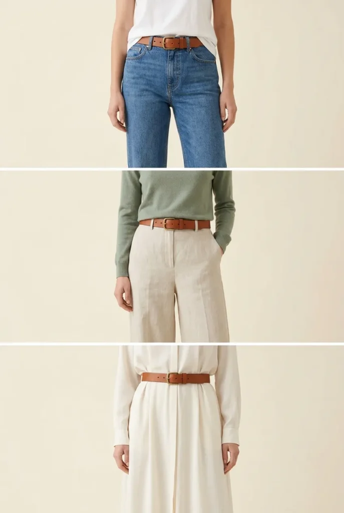One cognac belt styled three ways with jeans, wide-leg trousers, and a shirt dress.